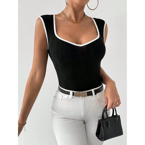White Black Contrast Trim Sleeveless Ribbed Top Plazacore Business Minimalist - Picture 2 of 2